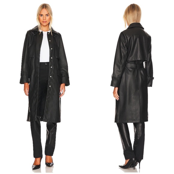 LNA Koa Vegan Leather Trench Coat Black Belted Waist Size Small NWT - Picture 2 of 7